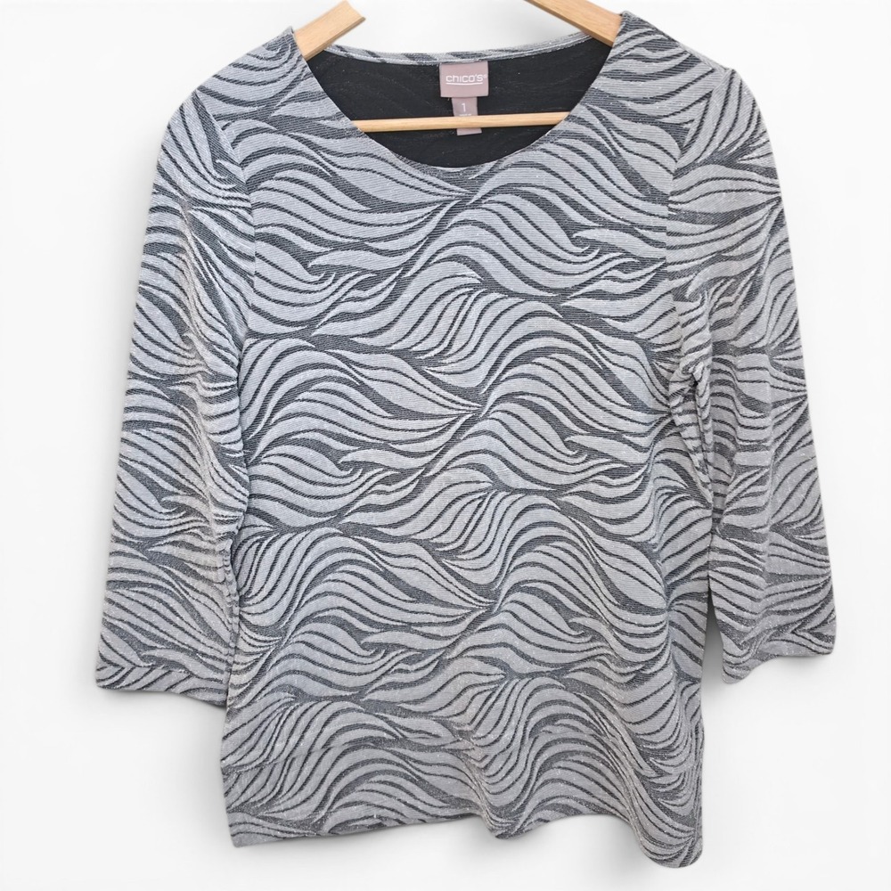 Chicos Top Womens 1 US‎ Medium Gray Scoop Neck Textured Blouse Stretch Casual